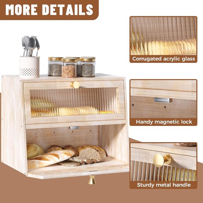 Дерев'яний хлібниця великого розміру, 2-ярусний, з акриловим вікном, стиль фермерський дім (білий/оптимальний сад)