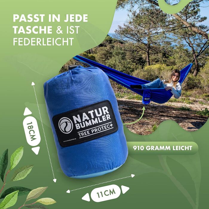 Гамак NaturBummler вуличний 300x170 см для 1-2 осіб (Meeresblau) з захистом дерева та кріпленням - легкий, водостійкий, подвійний шар для кемпінгу та саду
