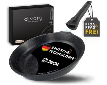 Пательня велика 28 см з антипригарним покриттям, знімною ручкою, для всіх типів плит (індукція) + захисні підкладки з повсті, без PFOA/PFOS, чорна