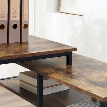 HOMCOM L-Shaped Corner Desk, PC Table with Shelf and Drawer, 135x90x79cm, Rustic Brown, Particleboard & Metal, for Office & Home Office