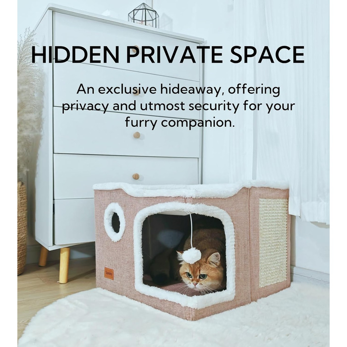 Spindro Cat Cave Cat Bed Large, Cat House Indoor Cat Sleeping Place with Removable Sherpa Cat Cushion and Hanging Toy, Cat Bed, Light Grey 42x42x33cm (2 level (42cmx42cmx33cm), Pink)