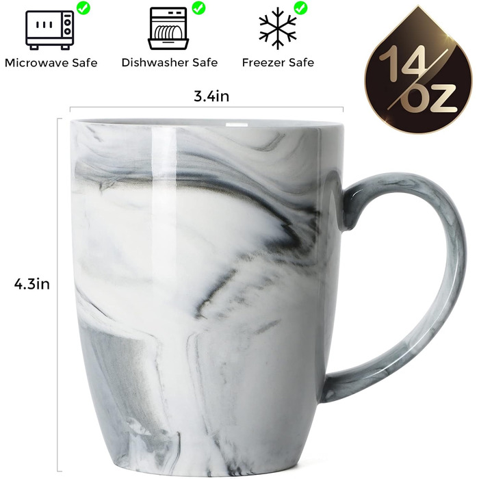 Smilatte Unique Coffee Cups, M067, Marble-Ceramic Cup for Home and Office, Microwave-Safe, Set of 4, Gray