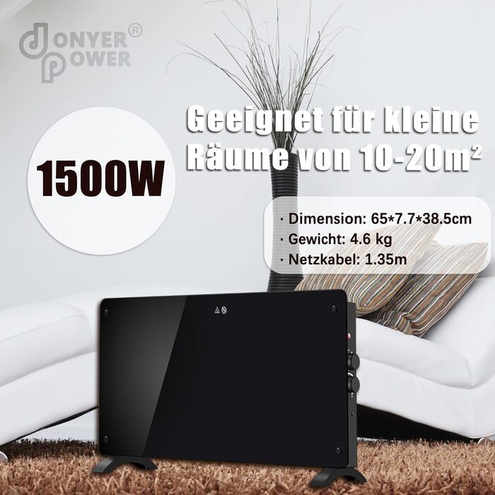 Конвектор-нагрівач DONYER POWER 2000W, ультратонкий, настінний/підлоговий, скляна панель (1.5kW, чорний)