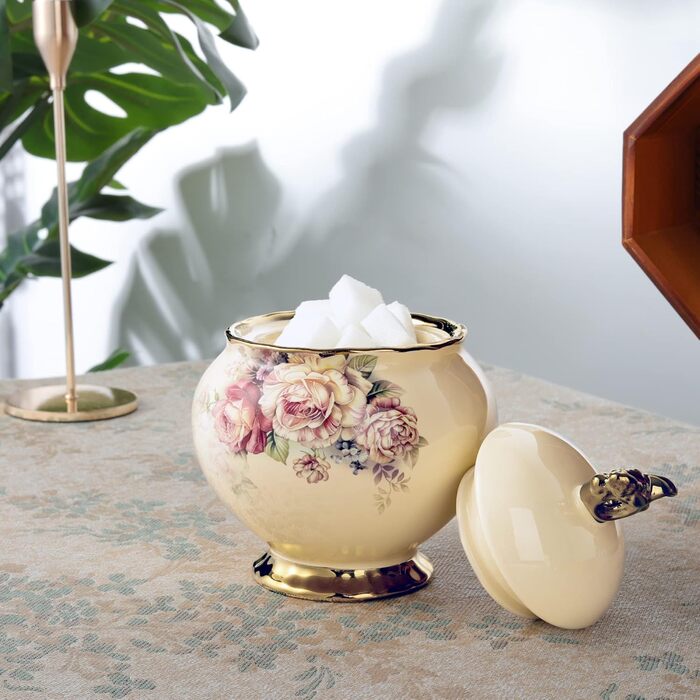 Fanquare White Porcelain Sugar Bowl with Lid, English Royal Family Sugar Pot, Rose Ceramic Sugar Bowl for Coffee Service Set