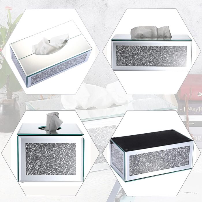 BTSKY Glittering Glass Tissue Box with Crushed Crystal Diamonds for Home Decoration, Table Napkin Holder