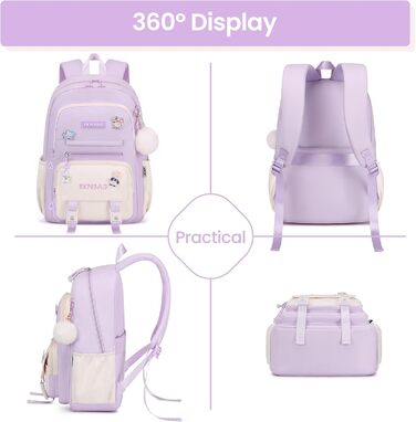 Шкільний рюкзак для дівчаток Tanou: велика місткість, нейлон, для 3-7 класів, Kawaii стиль, фіолетовий