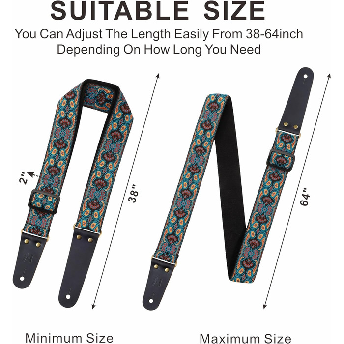 Гітарний ремінь Nefelibata: бавовняний з шкіряними кінцями, для акустичної та електрогітари, комплект з 2 шт.