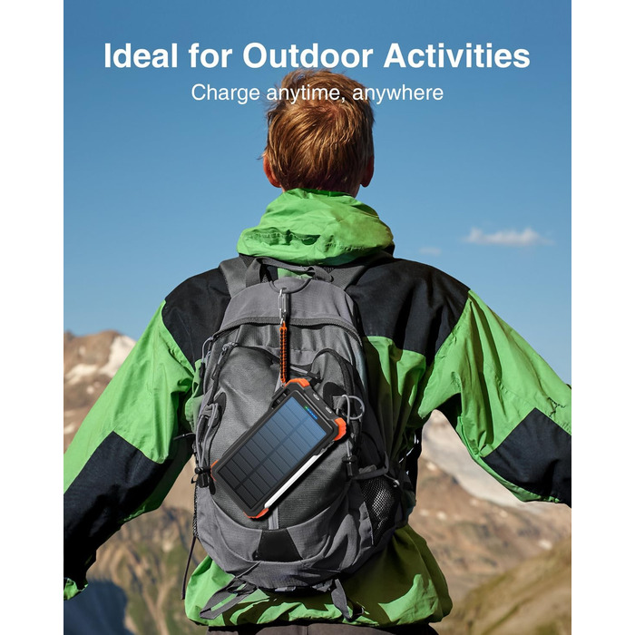 Портативний зарядний акумулятор BLAVOR Solar 20000mAh з кабелем, 20W, сонячний, USB-C, для телефонів та Apple Watch, з ліхтариком та карабіном, оранжевий
