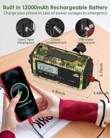 Радіо Kurbelradio на сонячній батареї та з ручкою, 12000mAh, AM/FM/SW, USB-зарядка, SOS-сигнал, ліхтарик, для кемпінгу та надзвичайних ситуацій, зелений камуфляж
