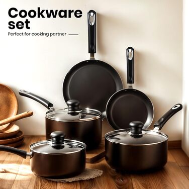 Набір посуду KICHLY 8 предметів з антипригарним покриттям для індукційних плит: каструлі 16, 18, 20 см з кришками, сковороди 20, 28 см