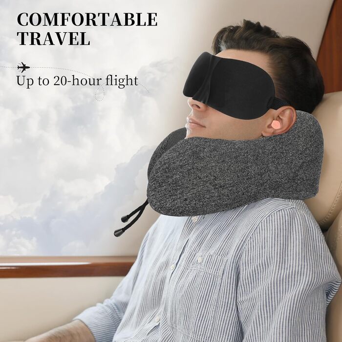 Подушка для шиї з Memory Foam, підтримка голови, набір для подорожей: маска для сну, навушники, чохол, м'яка подушка для сну в авто, літаку, офісі та вдома (Сірий)