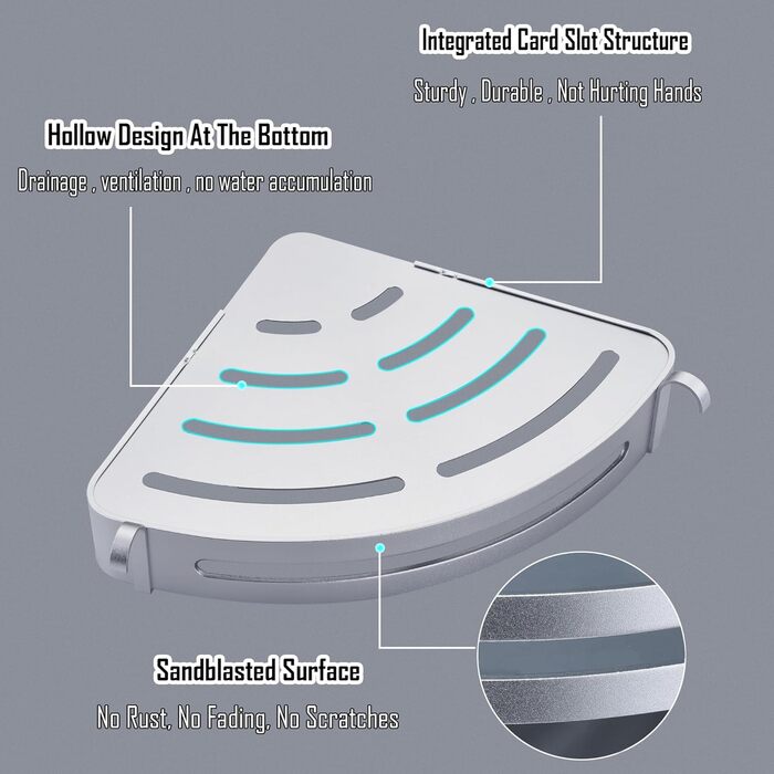 Поличка для душу без свердління, кутова поличка для ванної кімнати з алюмінію, трикутна корзина для душу з гачками, органайзер для шампуню, стійка до іржі (2 шт., піскоструминне золоте покриття) (Блискучий срібло)