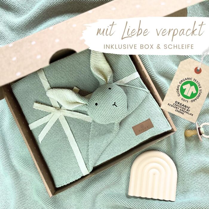 DIKOS® Original Baby Blanket SCHMUSE-HASE Mint | GOTS Organic Cotton Baby Blanket Knitted Blanket with Plush Toy for Girls/Boys | Snuggle Blanket, Cuddle Blanket, Baby Starter Set, Gift for Birth