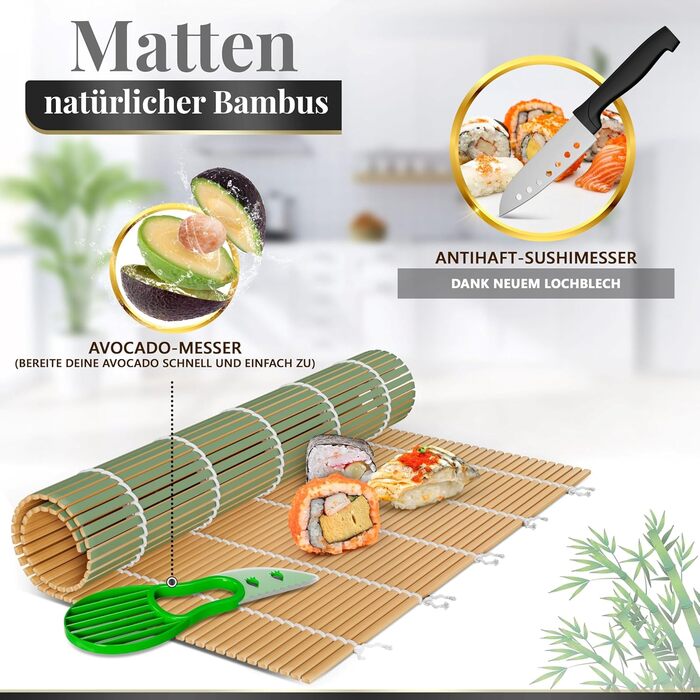 Набір для приготування суші B-ARS: повний комплект з бамбуковою килимком, антипригарним ножем та ложкою для рису – ідеально для початківців та професіоналів