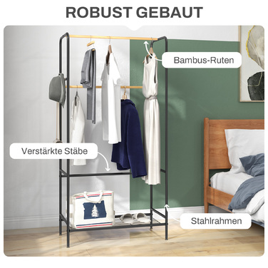 HOMCOM Clothes Rack Coat Stand with 2 Clothes Rails and Shelf, Coat Rack with Hooks for Bedroom and Hallway, Bamboo Black