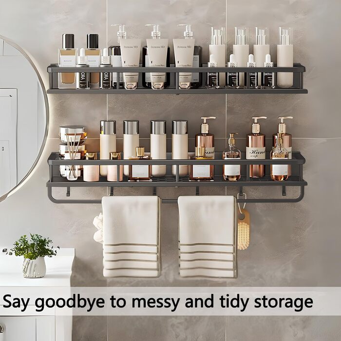 Поличка для душу Devesanter без свердління, 2 шт. - органайзер для ванної кімнати з тримачем для рушників та 6 гачками (60 см, сірий)