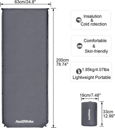 Кемпінговий килимок Naturehike надувний, 6 см, сірий - для кемпінгу, подорожей та піших прогулянок