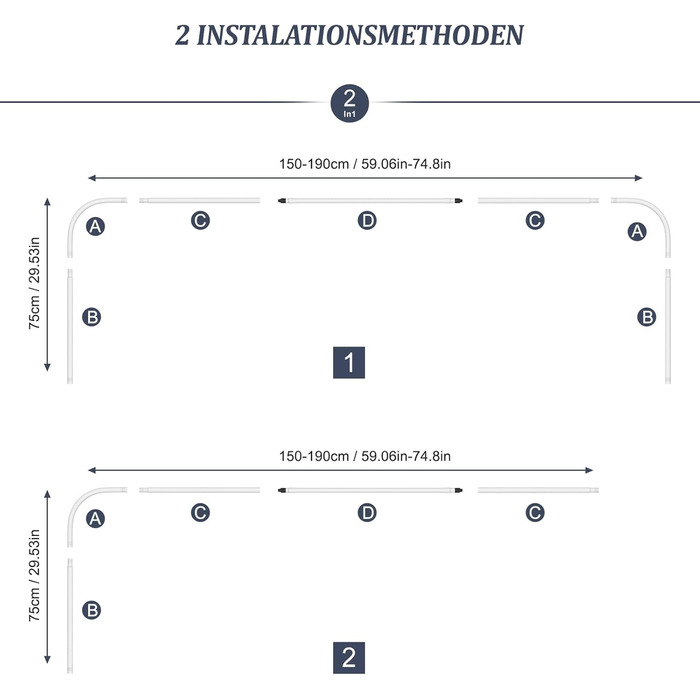 Штанга для душу U/L форми, 75x(150-190)x75 см - 2 в 1 (душова завіса, ванна, кут) - без кріплення до стелі, 24 кільця з нержавіючої сталі (біла)