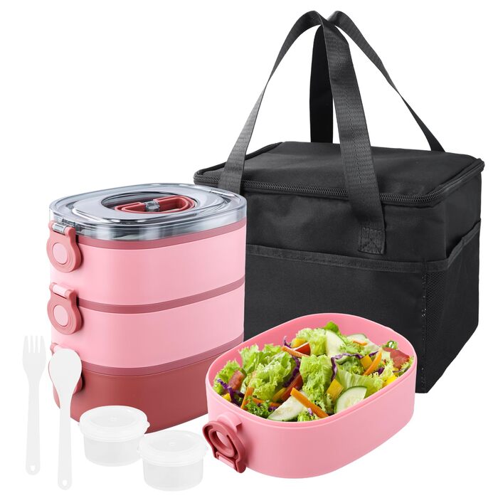 Набір ланчбоксів 3 в 1 з відділеннями, бенто-бокс 2800 мл з сумкою, водонепроникний ланчбокс 3 яруси, контейнер для перекусів зі столовими приборами, ланчбокс для дітей та дорослих, без BPA, для мікрохвильової печі (Рожевий)