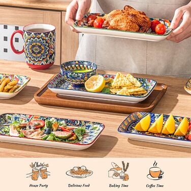 Набір сервірувальних тарілок Henten Home (6 шт.) - прямокутна форма, 25.5 см - для закусок, суші, фруктів, салатів, десертів - безпечно в мікрохвильовці, духовці, посудомийній машині - багатобарвний