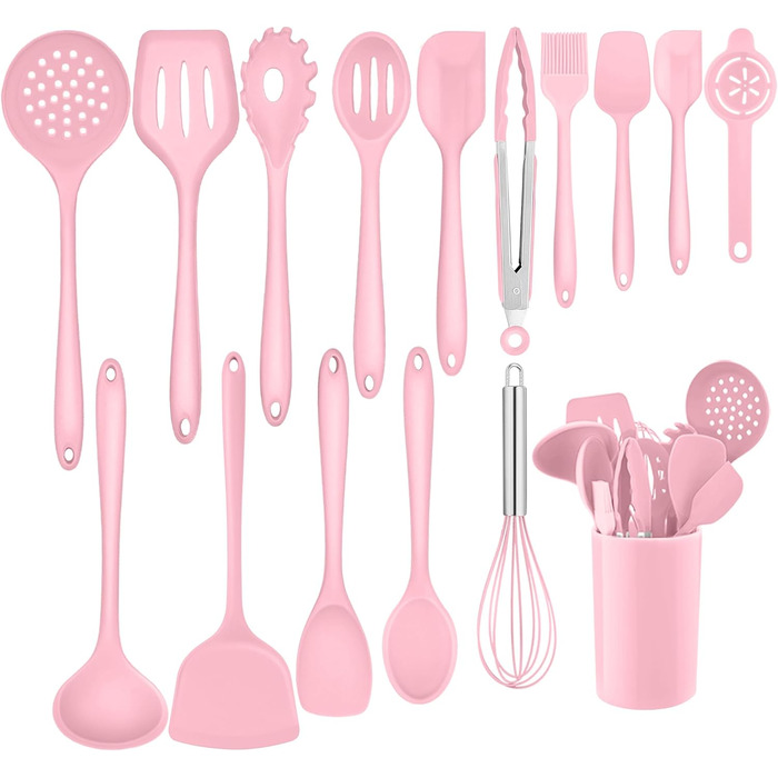 Набір кухонних аксесуарів Homikit 16 шт. з тримачем, кухонне приладдя, термостійкий посуд, кухонне начиння, придатний для миття в посудомийній машині (рожевий)