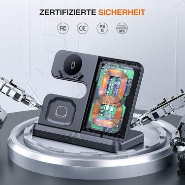 Бездротова зарядка 3-в-1 для Samsung Galaxy: годинники, смартфони, навушники. Сумісна з Galaxy Watch 8/7/6/5/5 Pro, S26 Ultra, S25, S24, S23, S22, Z Flip, Z Fold. Чорний колір, без адаптера.