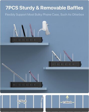 Зарядний хаб SooPii USB 60W/12A з 6 портами, органайзер для декількох пристроїв, з тримачем для Apple Watch, 6 кабелів у комплекті (Чорний)