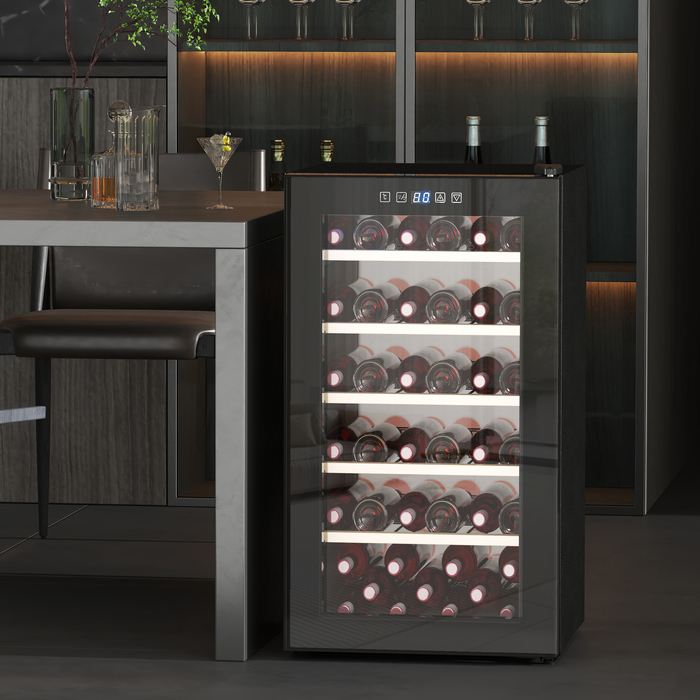 HOMCOM Wine Refrigerator 41 Bottles 91L 5-20℃ Compressor Beverage Refrigerator with Glass Door, LED Light, Bottle Cooler with Touch Screen, Small Wine Cabinet Black | Aosom