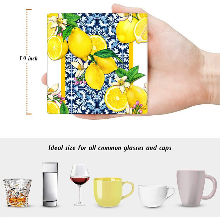 Coasters for drinks, 6 pieces, yellow lemon, fruit, blue ceramic tiles, pattern, absorbent, square, ceramic stone mat, with cork base and metal holder, housewarming gift