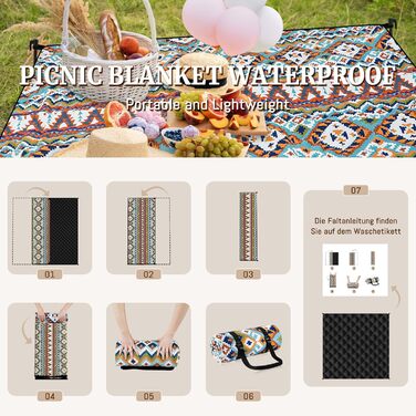 Плед для пікніка Boho 200x200 см, водонепроникний, антипісочний, з ручкою та кілочками, XL килимок для кемпінгу, пляжу, парку, прогулянок в стилі бохо