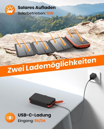 FEELLE Power Bank 27000mAh з сонячною панеллю, USB C PD QC 3.0, 3 USB виходи, ліхтарик, для смартфонів та планшетів