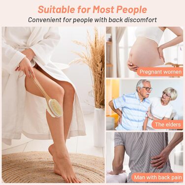 Дерев'яна щітка для спини Alyvisun для душу з довгим руків'ям, двостороння, жорсткі та м'які щетинки, для мокрого та сухого пілінгу тіла