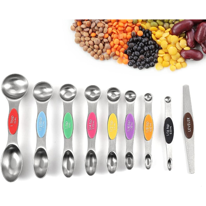 19-Piece Measuring Cup and Spoon Set, includes 10 stackable measuring cups with lids and 9 magnetic measuring spoons, BPA-free, dishwasher safe (multicolored)