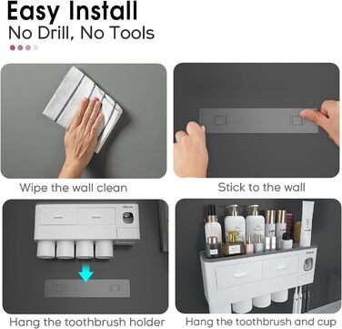 iHave Toothbrush Holder Wall Mounted, 4 Cup Toothbrush Holder with Toothpaste Dispenser - Tray with Large Capacity, 2 Cosmetic Drawers - Bathroom Organizer Storage, White