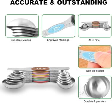 Magnetic measuring cup and spoon set, stainless steel, 5 cups and 7 spoons, with leveler (multicolored)