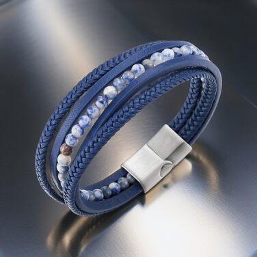 Браслет чоловічий COOLSTEELANDBEYOND з магнітним застібком, шкіряний, синій з блакитно-білими вставками