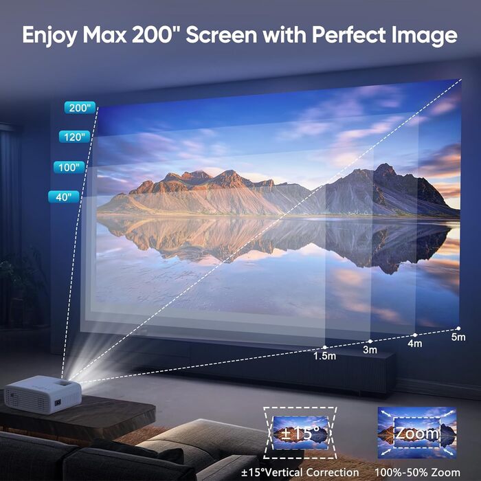 Проектор AKATUO Mini Beamer 4K з підтримкою 5G WiFi Bluetooth, 15000L, 1080P, 50% Zoom, для дому та на вулицю, сумісний з телефоном, HDMI, USB, ноутбуком, Fire TV Stick