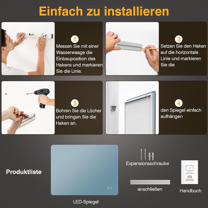 Дзеркало для ванної кімнати з підсвічуванням LED, 100x60 см, 3 кольори світла, диммування, пам'ять, сенсорне керування, IP44, вологостійке