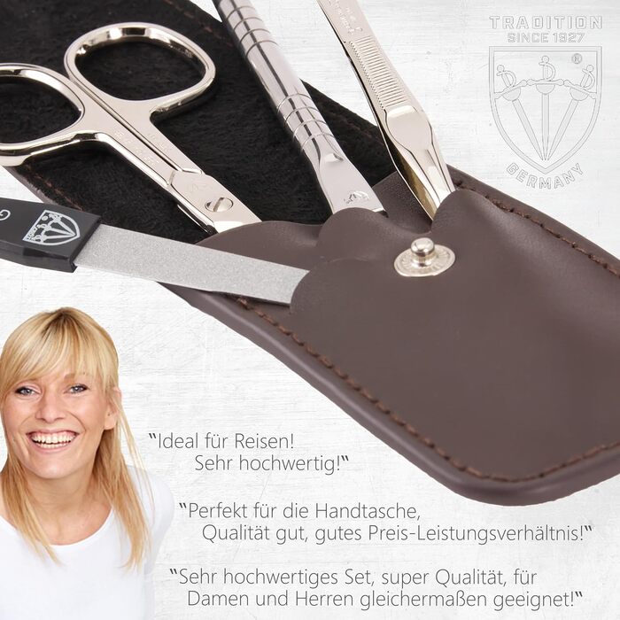 Набір для манікюру та педикюру 'Modena' від DREI SCHWERTER | 4 предмети в шкіряному футлярі, Німеччина. Вміст: ножиці для нігтів, пінцет, напільник з сапфіру, ремувер для кутикули (колір: коричневий)