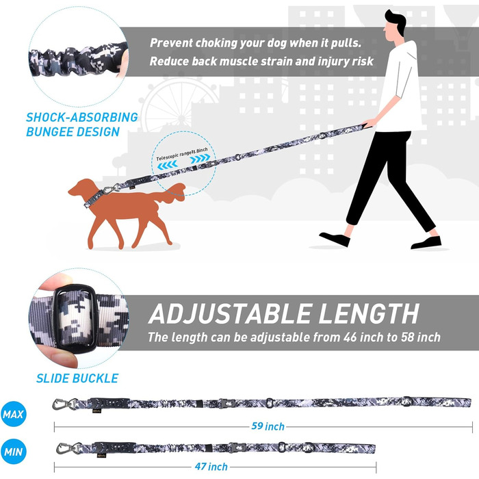 Міцна собача лінія, тактична собача лінія з автофіксатором для великих собак до 68 кг, 1,8 м, амортизуюча, рулетка, подвійний руків'я, для тренування собак