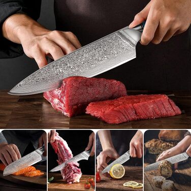 Ніж кухарський Kiritsuke з дамаської сталі, 18.8 см, VG-10, ергономічна ручка з натуральної смоли, подарункова коробка (блакитний)