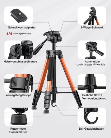 CAMBOFOTO Штатив для камери та монопод, професійний штатив з алюмінію для DSLR/беззеркальних камер/телефонів/відеокамер, з тримачем для телефону/сумкою (186 см, помаранчевий)
