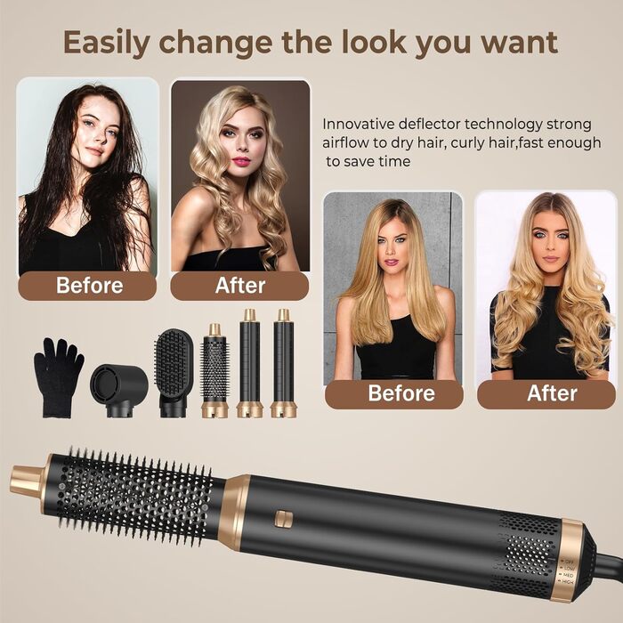 UKLISS Hairstyler 6 в 1: Airbrush, круглі щітки, фен, керлер, випрямляч | Професійний набір для волосся | 1000W | Для всіх типів волосся | Срібно-золотий (Чорний (5 в 1))