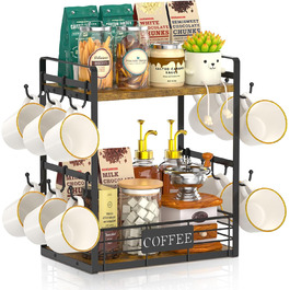 EsLuker.ly 2-Tier Mug Holders and Cup Stands, Mug Shelf for Coffee Cups, Coffee Organizer for Countertop, Coffee Station Organizer with Mug Holder, Vintage Brown-Black (15''H, Vintage Brown + Black)