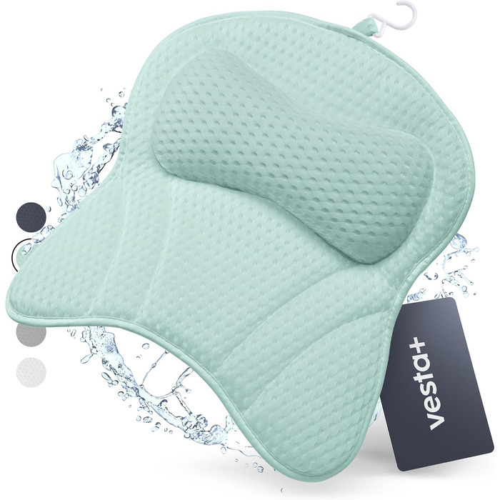 Vesta+ L Bath Pillow with Suction Cups - Tested Winner - Neck & Back Support for Bathtub - Non-Slip Bath Cushion for Bathtub & Shower (Mint)