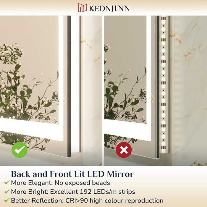 Дзеркало для ванної кімнати Keonjinn з підсвічуванням, чорний металевий каркас 60x80 см, LED, антизапар, сенсорне керування, 3 кольори світла, регулювання яскравості, пам'ять, настінне дзеркало