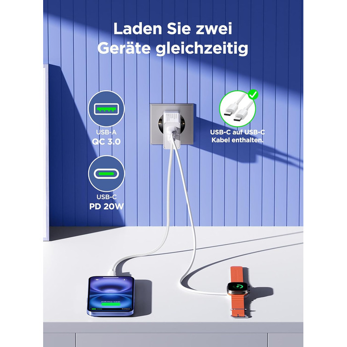 Мережевий адаптер USB C з двома портами, 20W, PD 3.0, з кабелем USB C - USB C 2м, білий