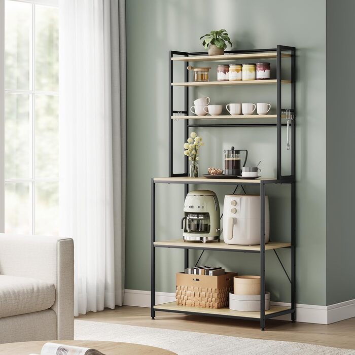 Стійка кухонна WOLTU з 6 полицями, металева та з інженерної деревини, 60 x 167 x 40 см, рустикальний коричнево-чорний колір