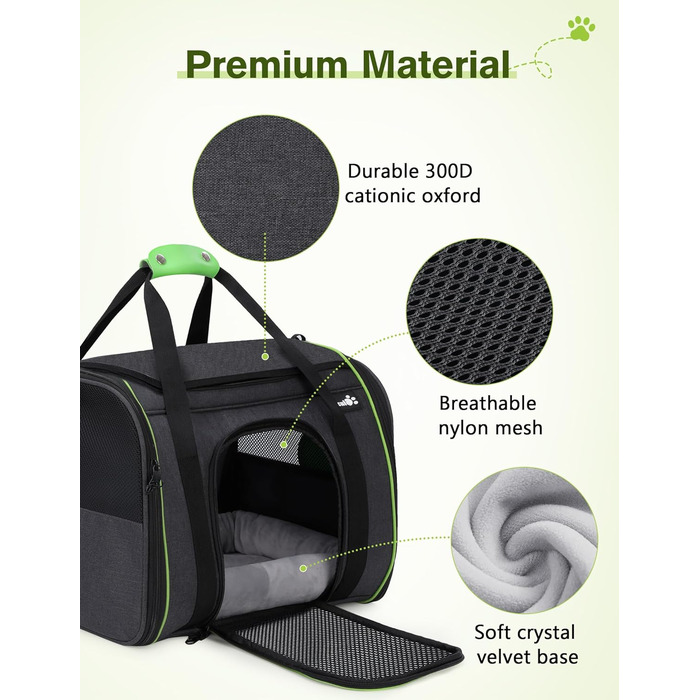Транспортна переноска для котів Pecute, переноска-ліжко для тварин, складана переноска-сумка для котів та собак, переноска для собак з регульованим плечовим ременем, XL (45 x 35 x 32 см), темно-сірий + зелений (з подушкою)