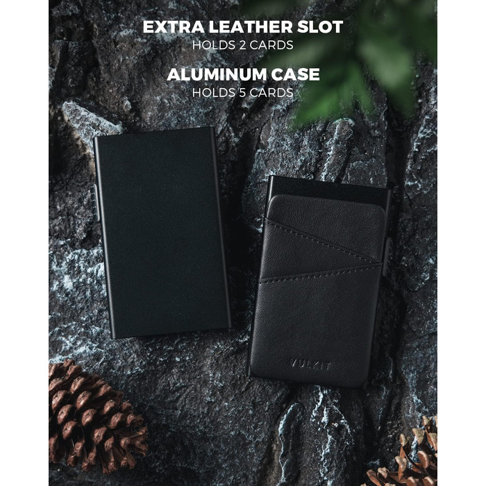 Чоловіче картхолдер VULKIT з металу та шкіри з автоматичним відкриванням, RFID/NFC захистом, slim дизайн, вміщує 5-9 карт (чорний)